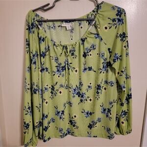Women's Emaline Petite Green Long sleeve Tye Blue Flower Blouse Sz Petite Medium